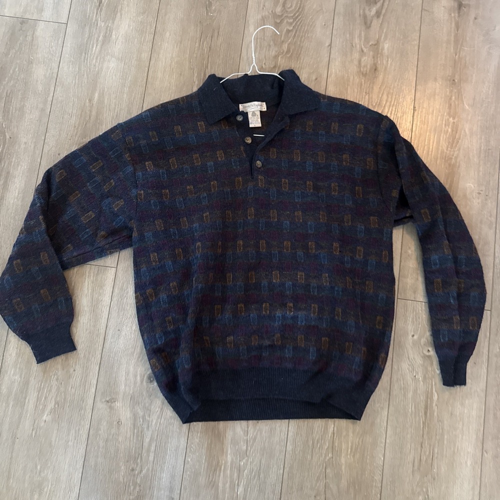 Vintage Tricots St. Raphael Sweater Mens L Pure New Wool Collared Button Up